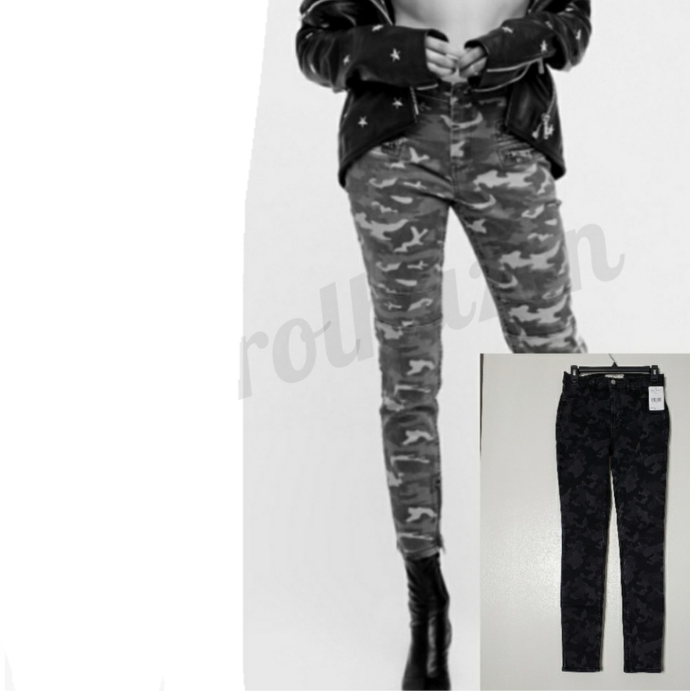 Free People Coal Black Camo Skinny Jeans Stilt High Waist Trendy Bohemian
